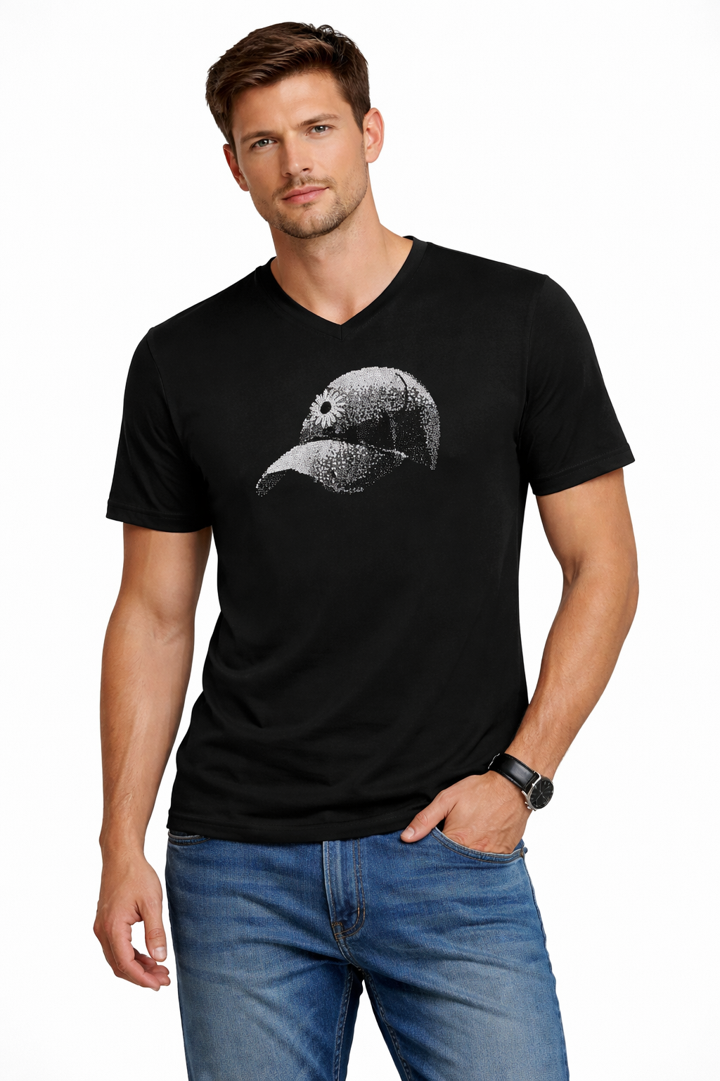 V-Neck Graphic T-Shirt – Crystal Cap Design