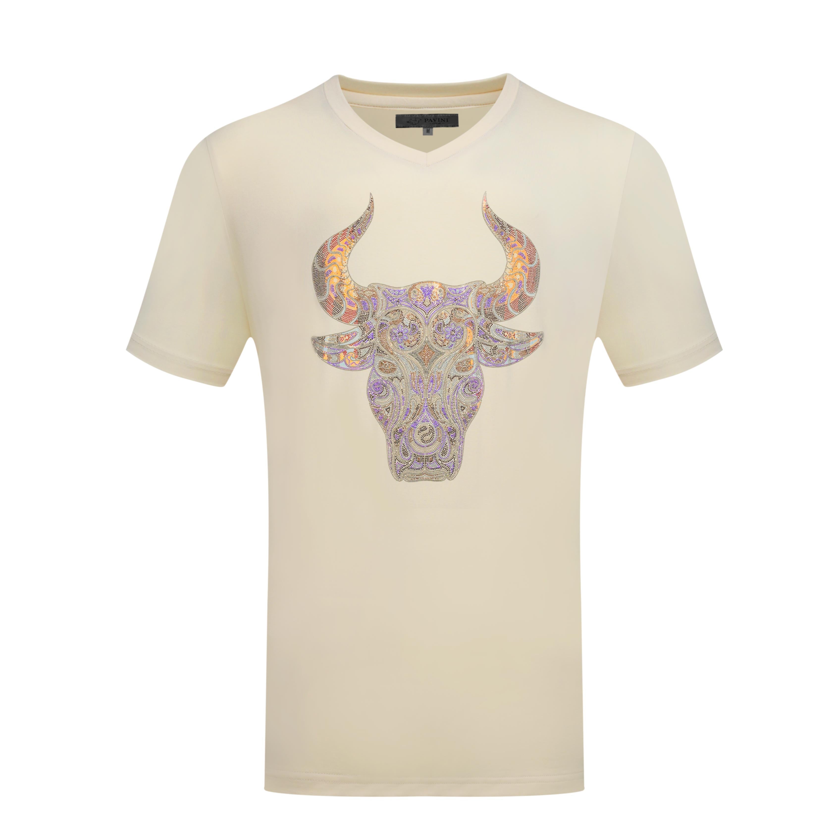 V-Neck Graphic T-Shirt – Ornate Bull Head Design