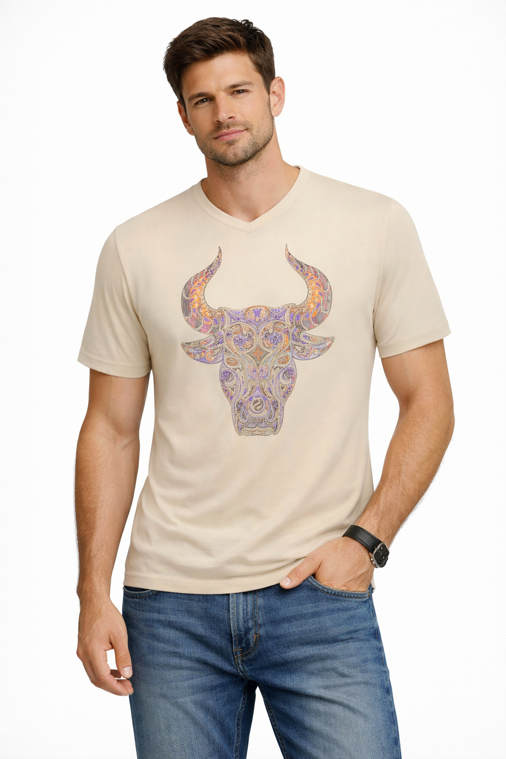 V-Neck Graphic T-Shirt – Ornate Bull Head Design