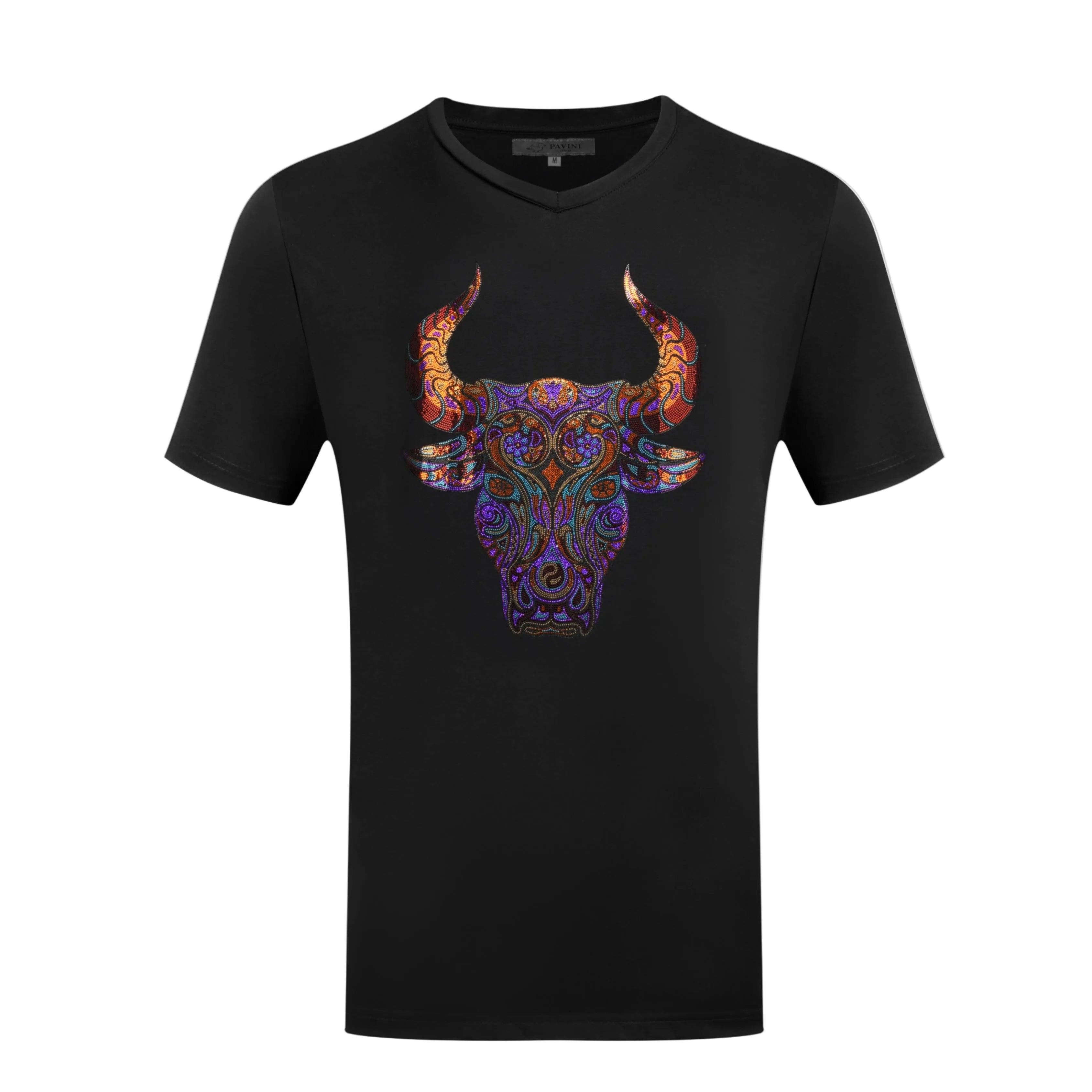 V-Neck Graphic T-Shirt – Ornate Bull Head Design