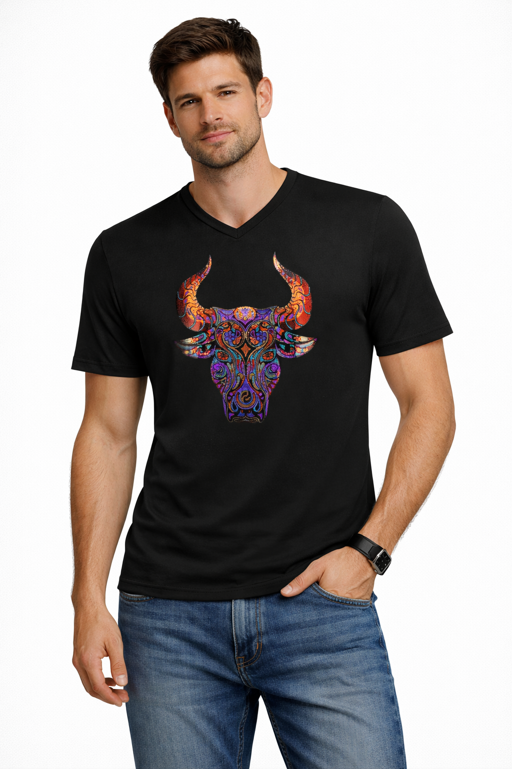 V-Neck Graphic T-Shirt – Ornate Bull Head Design