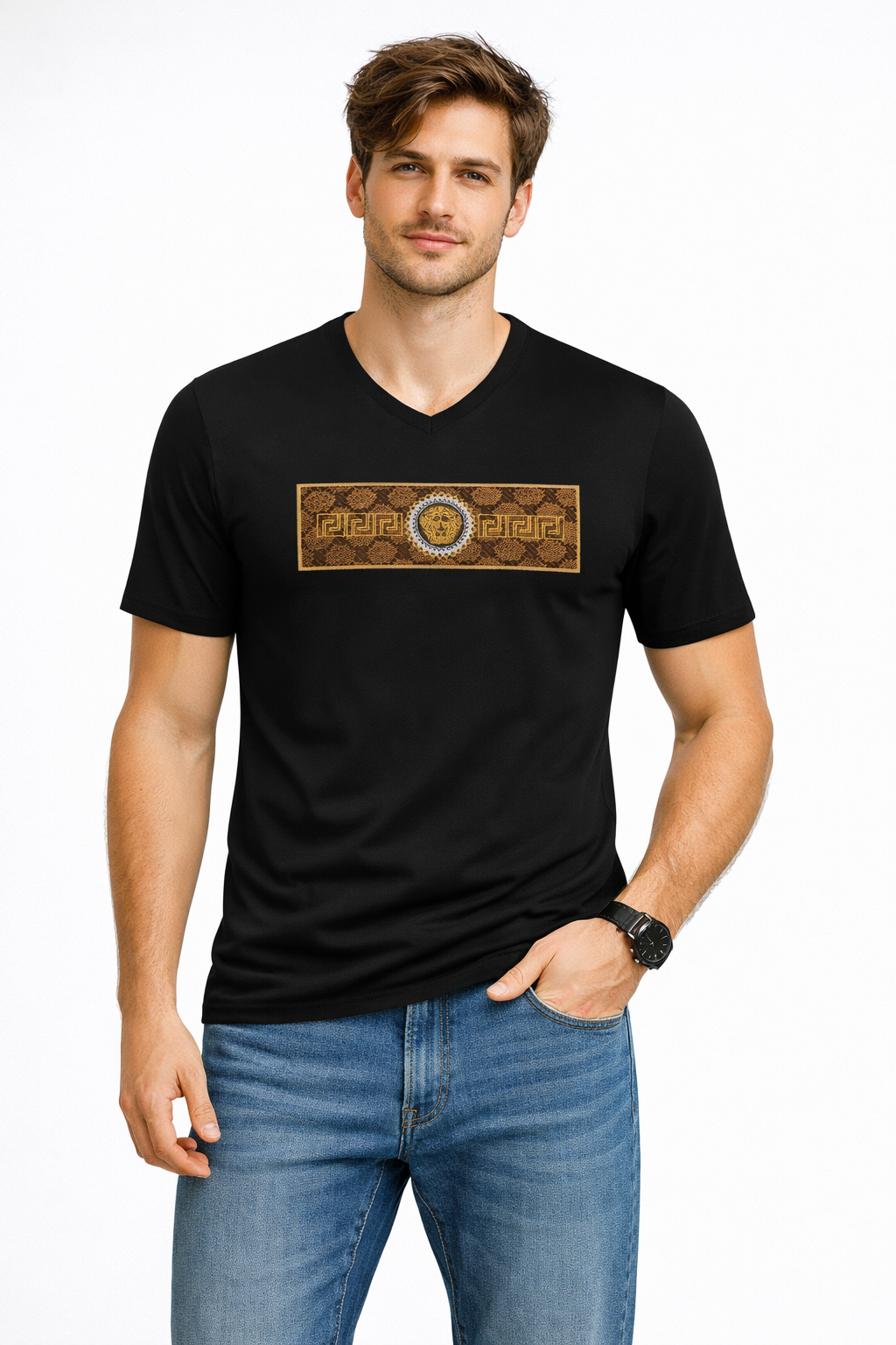 Crewneck Graphic T-Shirt – Pattern Band Medallion Emblem
