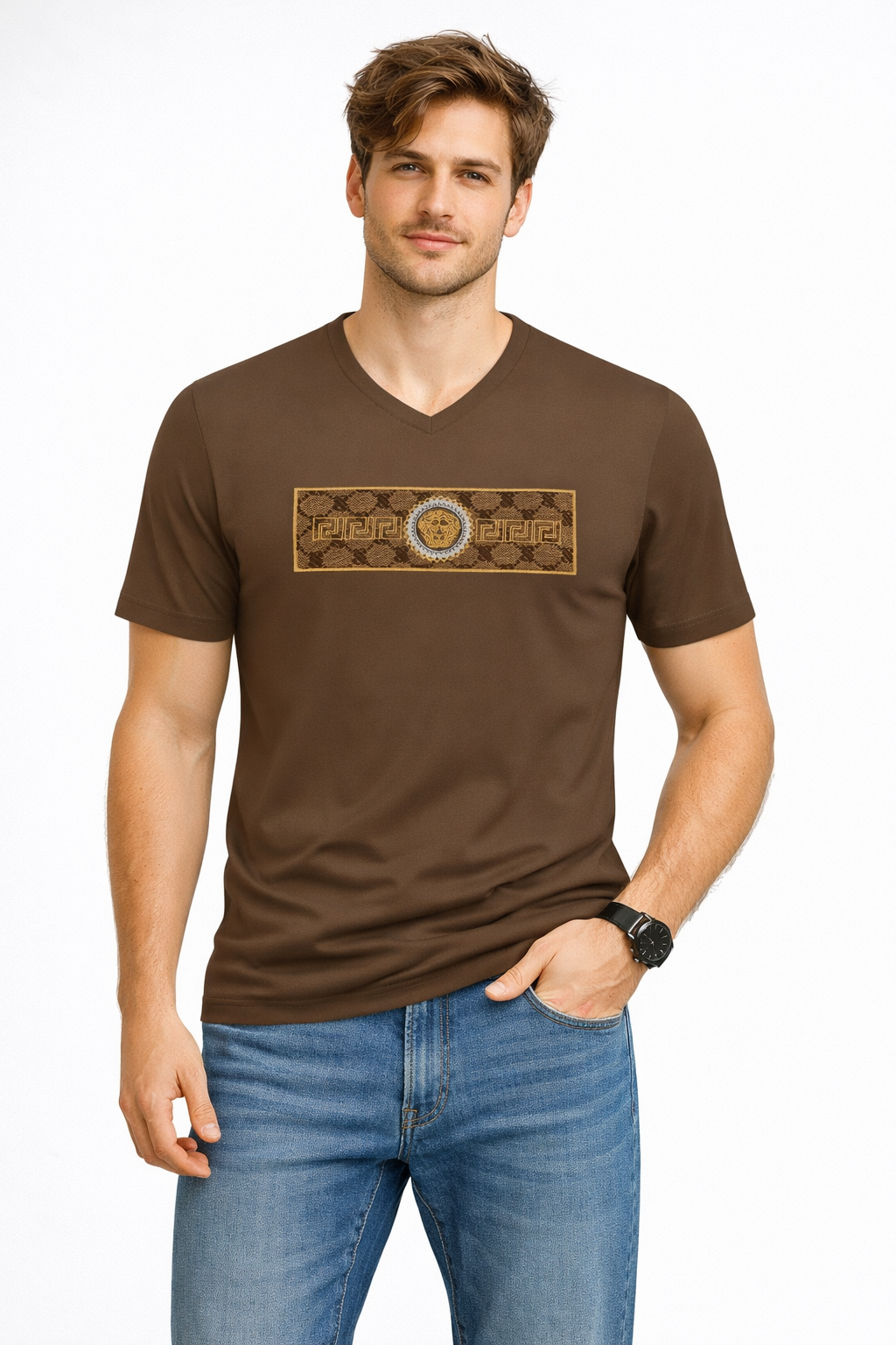 Crewneck Graphic T-Shirt – Pattern Band Medallion Emblem