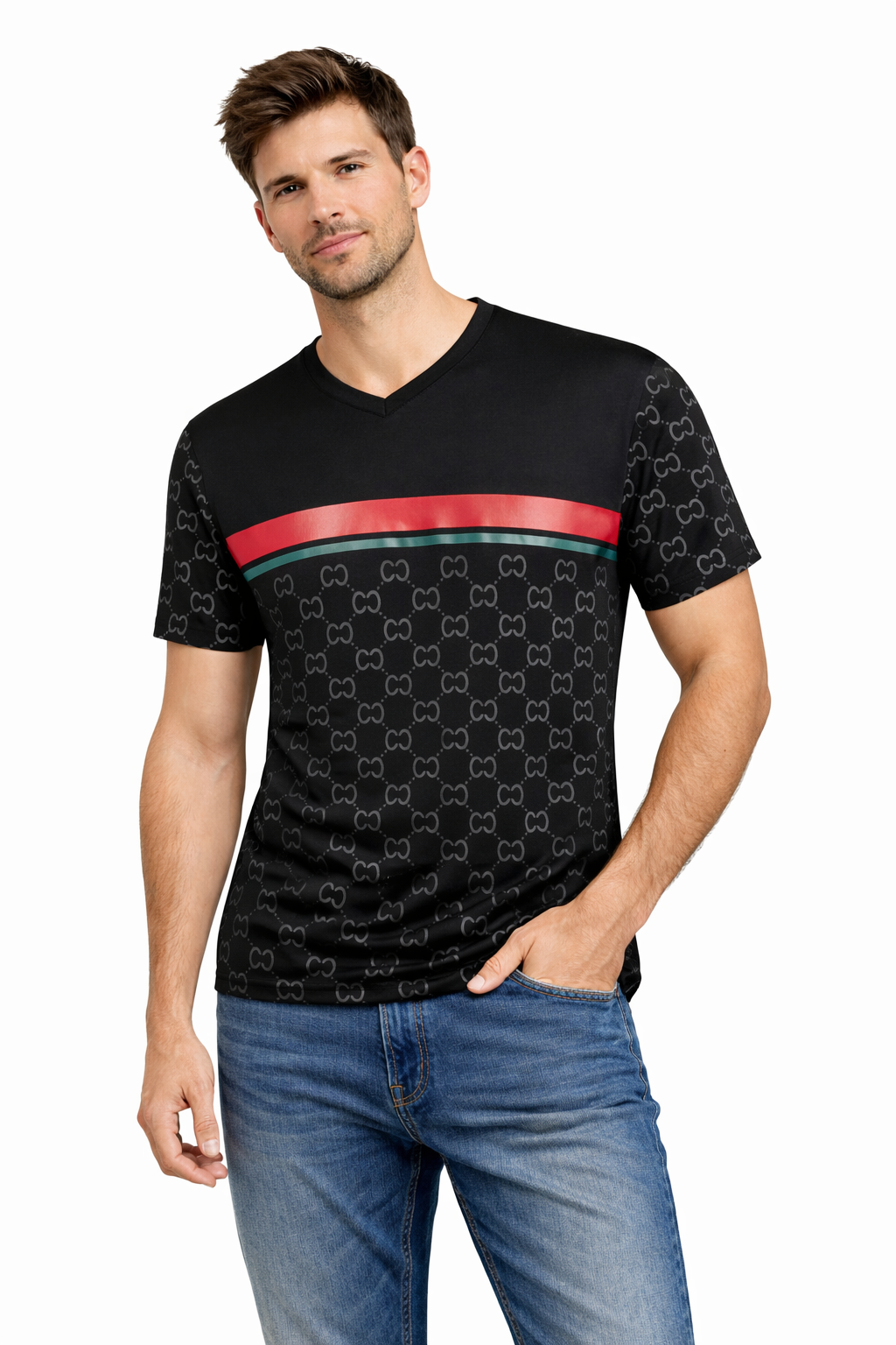 PAVINI Monogram Stripe V-Neck Tee